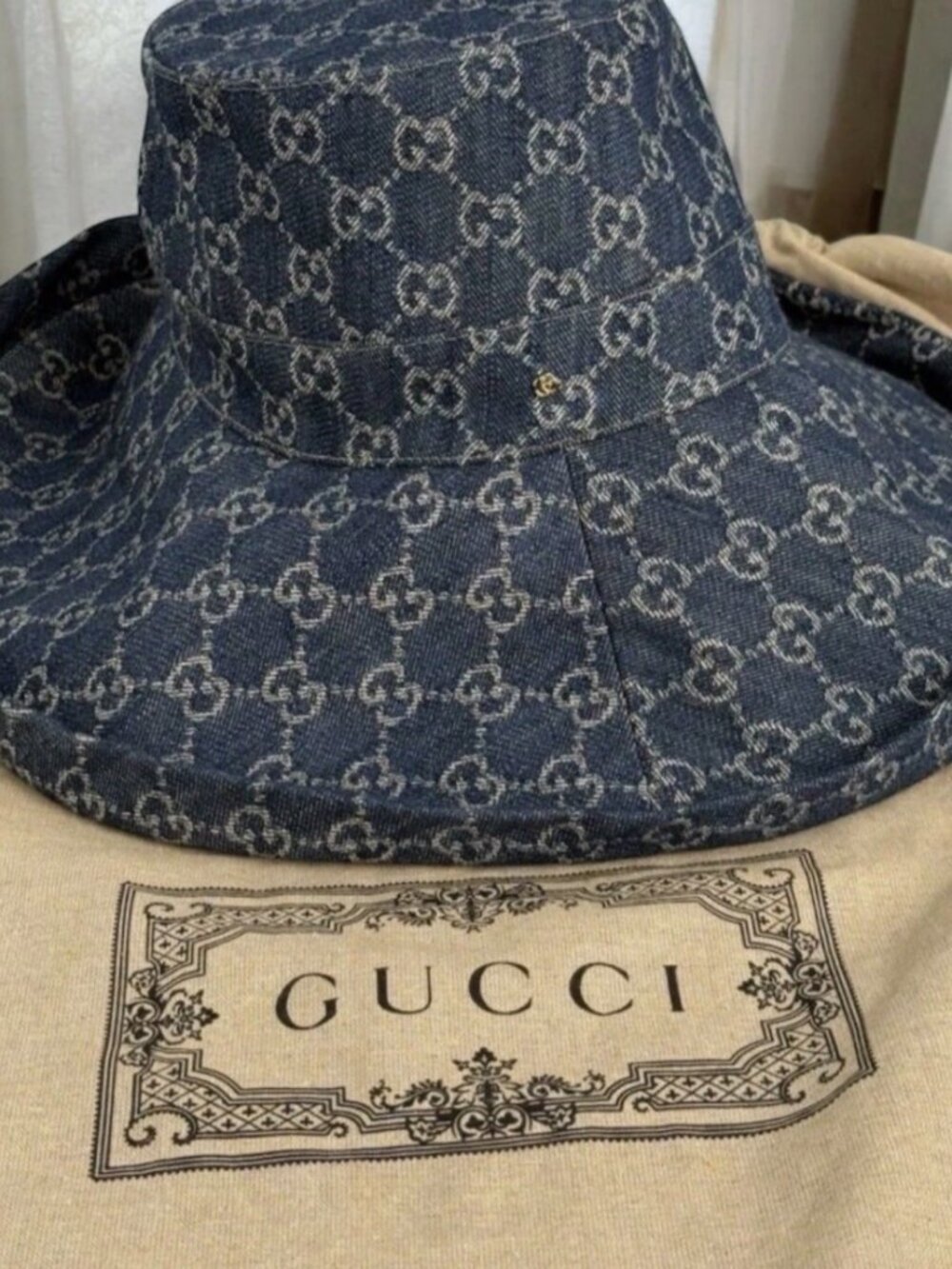 Auth GUCCI GG Canvas Wide Brim Hat Blue Eco Denim Bucket Sun Hat Incl Dust Bag M - Picture 4 of 10